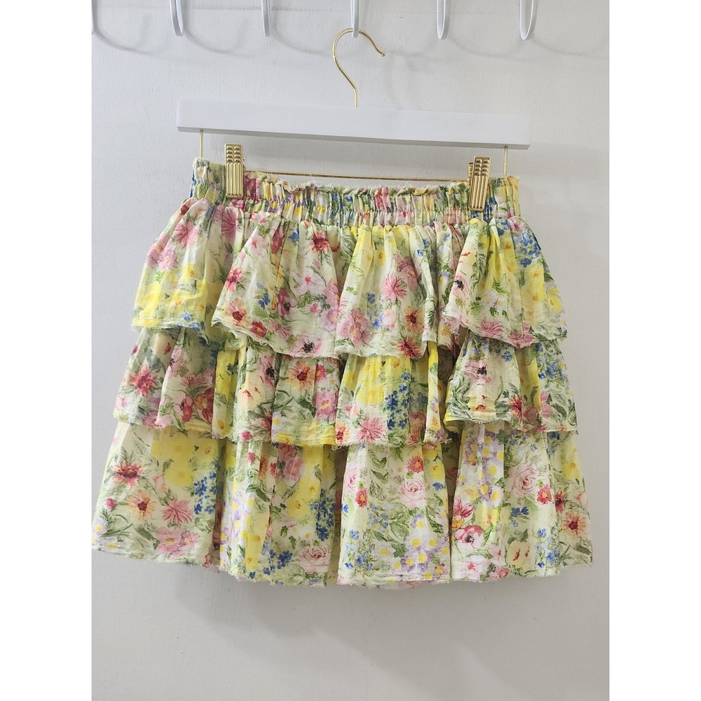 LoveShackFancy Yellow Floral Cotton Silk Tiered Ruffle Mini Skirt Size S